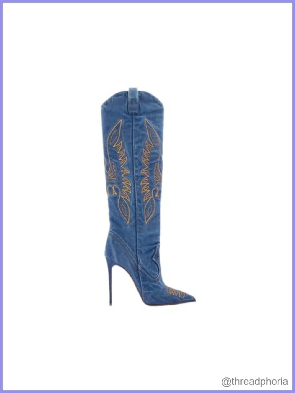 Denim Stiletto Heel Knee High Boots Pointed Toe Embroidered